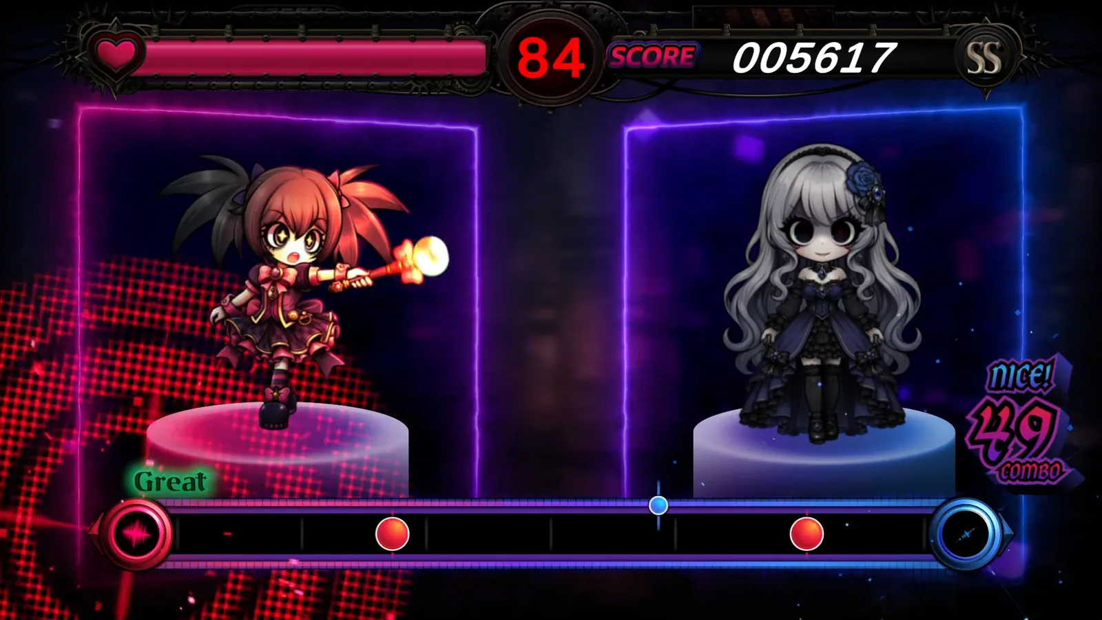 2 ボタンのリズムボス戦のゲーム画面